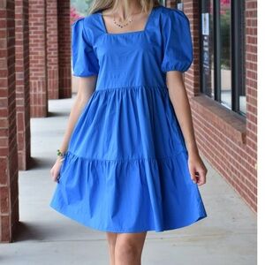 NWOT Maude Vivante Aria midi Royal blue L puff sleeve tiered 100% cotton dress